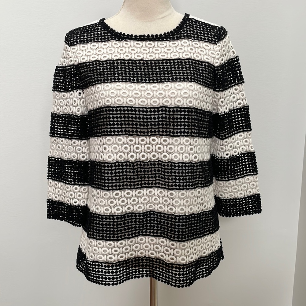 Talbots Black Ivory Crochet Rugby Stripe Blouse Top